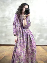 Summer Seaside Printed Flower Cotton Long Dress Women's Casual Loose Lantern Sleeve Ruffles Oversize Patchwork Robe X1388