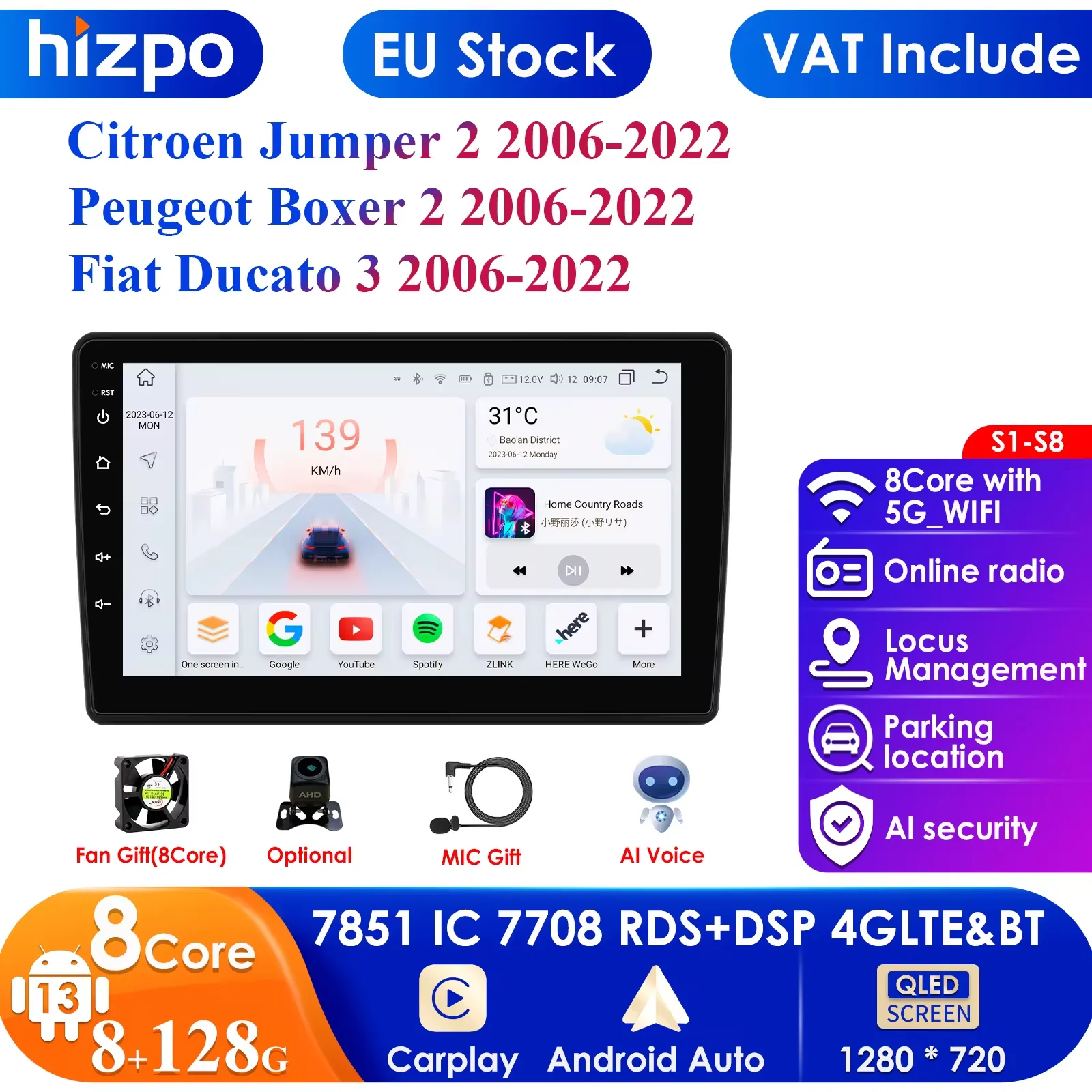 Carplay 4G-LTE 2Din Android Radio for Fiat Ducato3 2006-2022Car GPS Navigation AutoRadio Stereo Multimedia Video Player HeadUnit