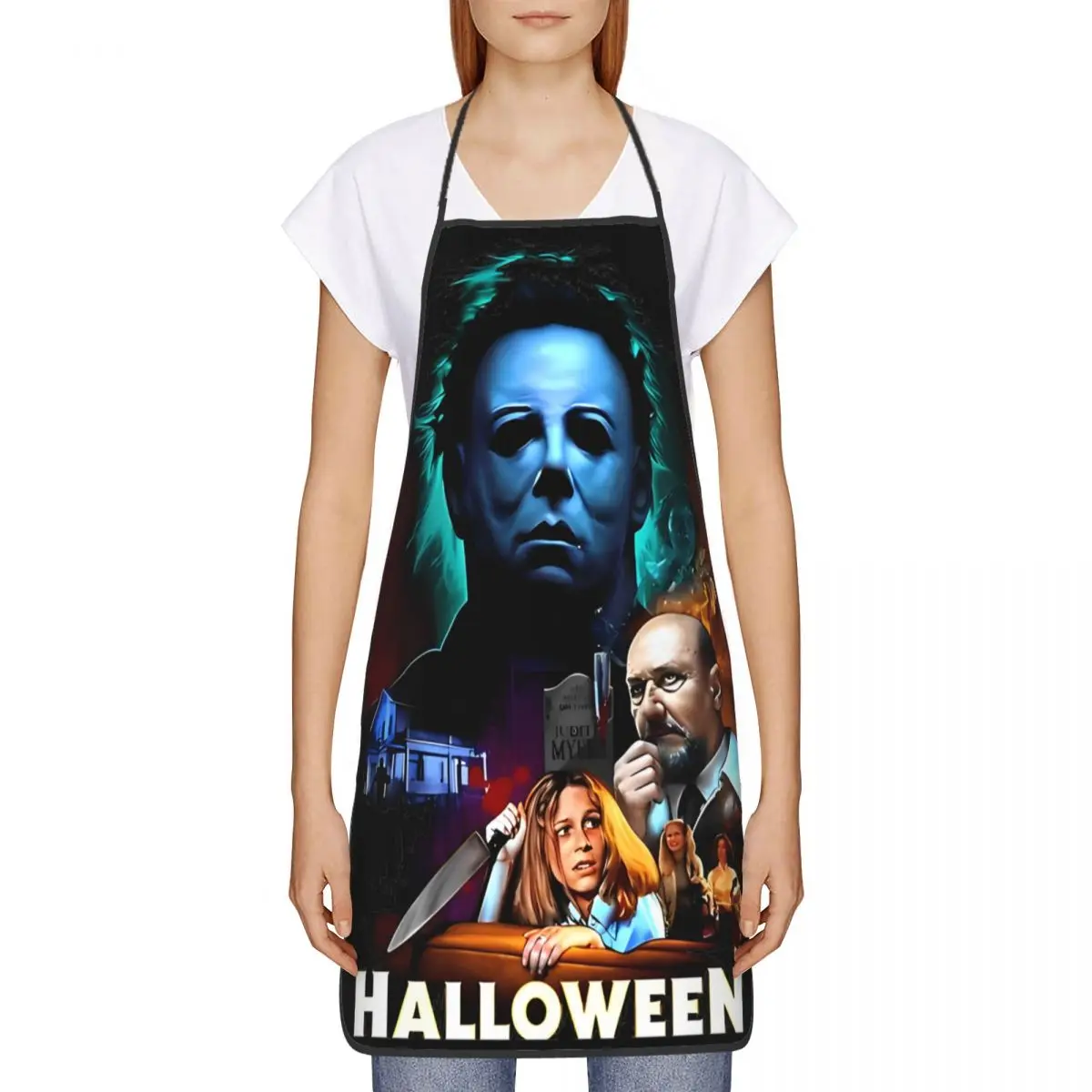 Halloween Michael Myers Apron for Women Men Printed Kitchen Bibs Horror Movie Gardening Pinafore