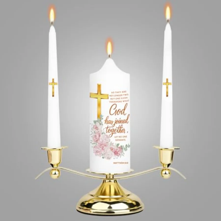 Unity Floral Candles for Ceremony with Metal Holder, Wedding Candle with Cross and Scripture, Christian and Catholic Wedding Ce