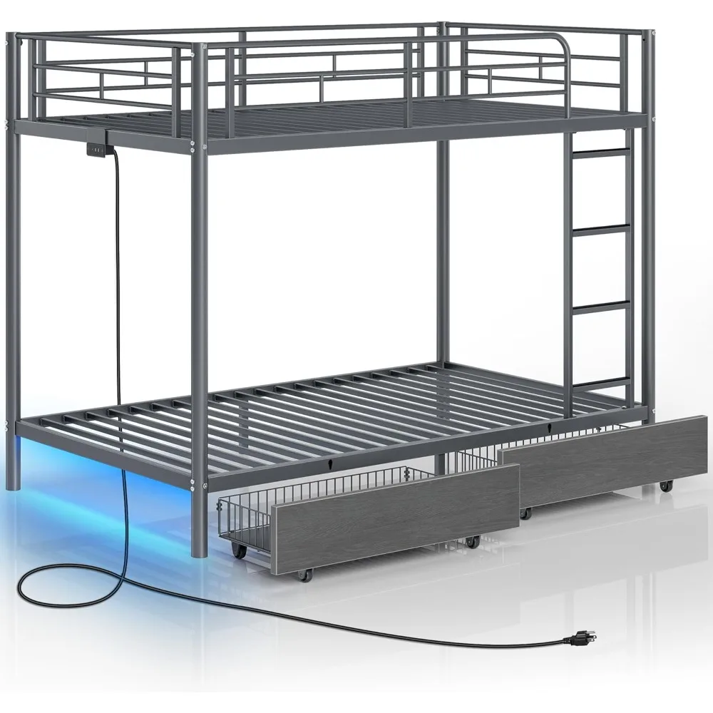 Metal Bunk Bed Twin Over Twin with USB Charging Station, LED Bunk Bed with 2 Storage Drawers, Bed with Safety Guardrail& Ladders