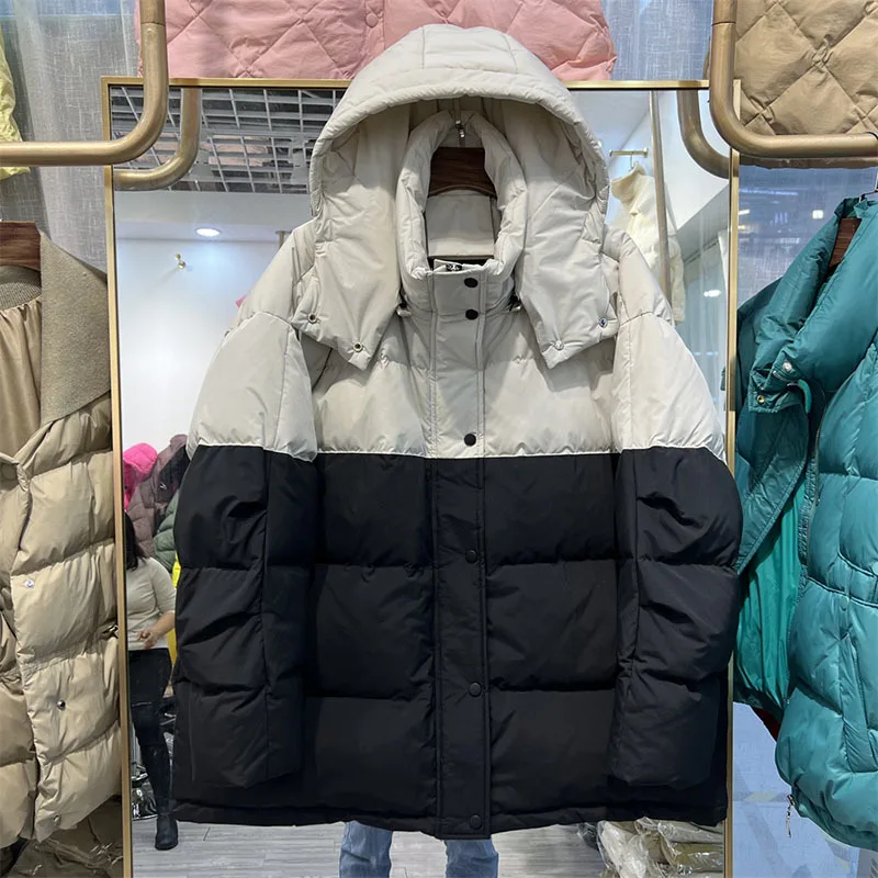 

Winter Jacket Women Hooded Parkas Patchwork Snow Overcoat Short Warm Loose Puffer Coat