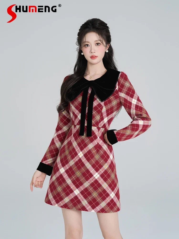 

Feminine Small Fragrant Christmas Plaid Dresses Women 2024 Winter New Sweet Bow Dresses Waist-tight Long Sleeve A-line Skirts