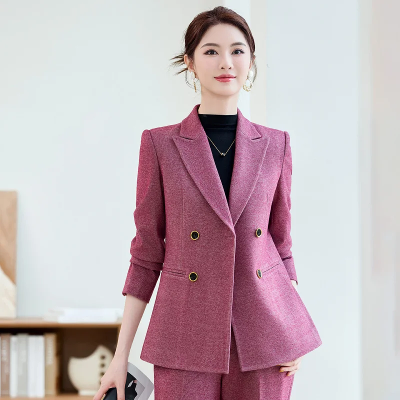 Women's Blazer Rose Red Casual Small Suit Two-Piece Set Elegant Socialite High-End Professional Formal Workwear