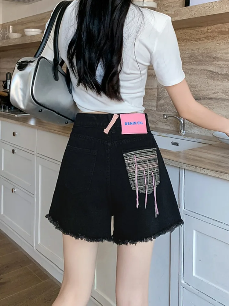 

plus Size Denim orts Women Summer High Waist Slim A-Line Wide Leg Pants Design Sensation Hole Ripped Jeans orts