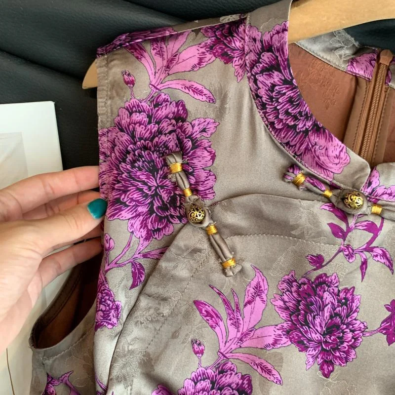 Chinese Purple Peony Spring and Summer Printed Vest Coat Women Stand Collar Sleeveless Vest Retro National Style Joker Vest New