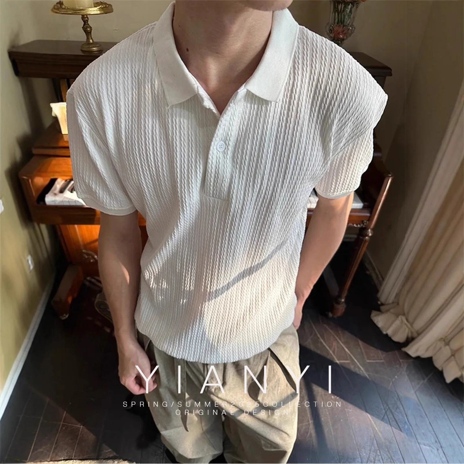Man Short Sleeve T-shirt 2025 New Men's Henley Collar Short Sleeve Knit Shirt Unisex Retro Cleanfit Lapel Design