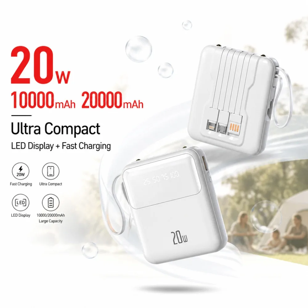 20000mAh Power Bank Built-in 4 Cables Portable Charger Compact Fast Charging LED Display for Samsung iPhone Android Travel Cute