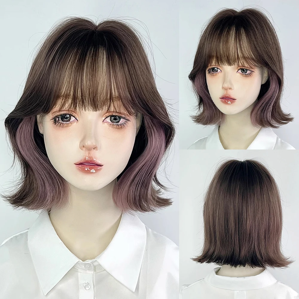 

Brown Ombre Pink Short Wavy Synthetic Wigs with Bangs Lolita Cosplay Fluffy Women Wig Heat Resistant for Daily Party