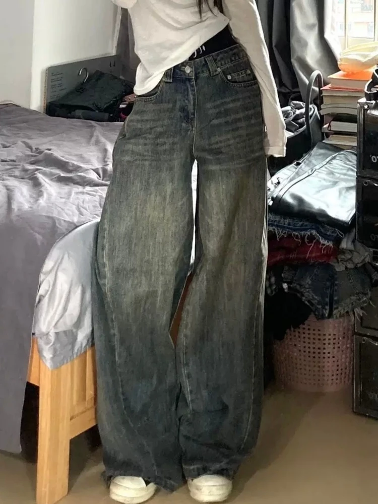 Deeptown Y 2K Vintage High Street Wide Leg Jeans Vrouwen Amerikaanse Retro Casual All-Match Streetwear Denim Broek 2000S Dames