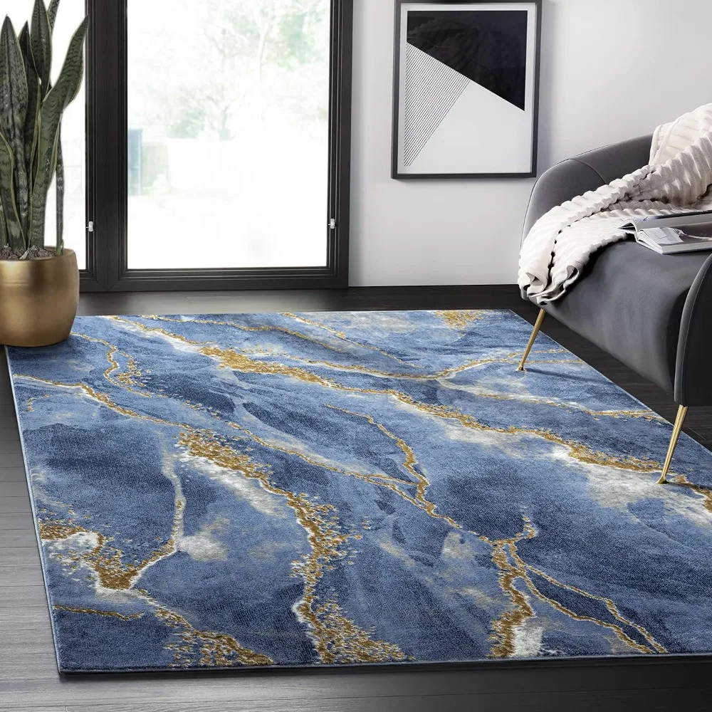 

Contemporary Blue & Metallic Gold Area Rug, 6' x 9' Non-Shed Modern Rugs Marble Print Dining Room Rug