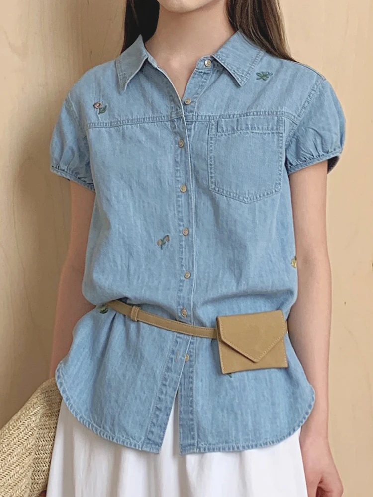 

Женская винтажная джинсовая рубашка Boran с вышивкой на воротнике, свободного кроя, из чистого хлопка, в корейском стиле, повседневная, весенняя