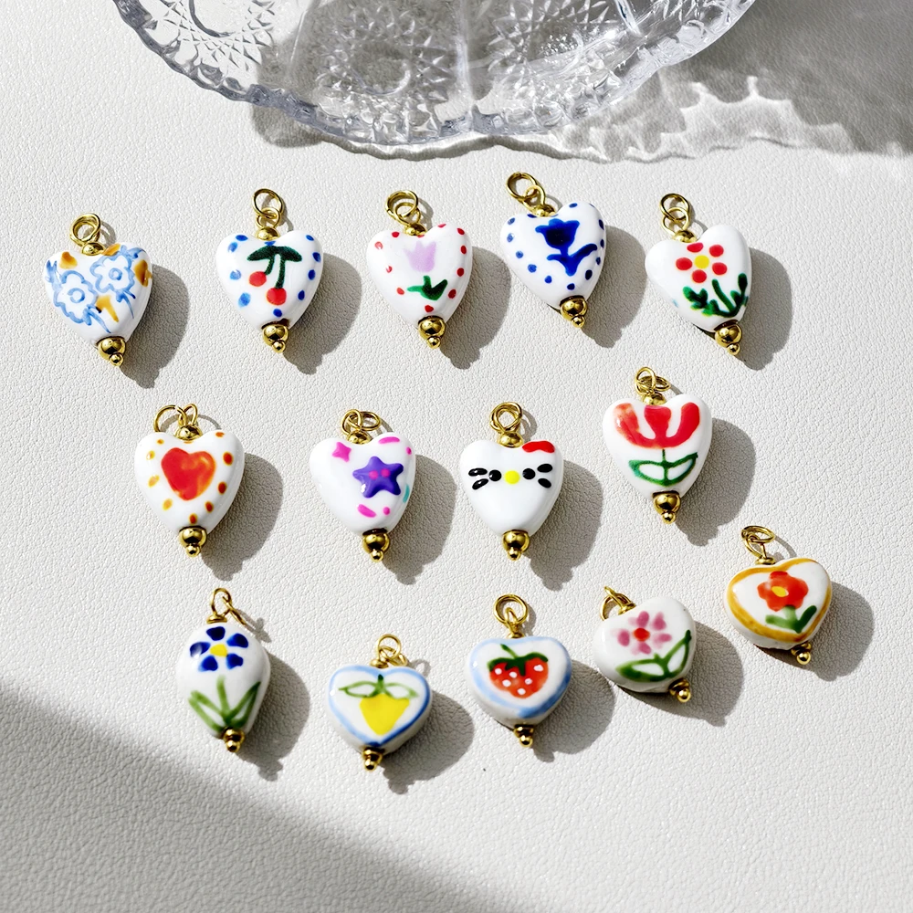 Pastel Heart-Shaped Ceramic Charms Strawberry Floral Cat Pendants Whimsical DIY Accessories Projects Factory Direct Wholesale