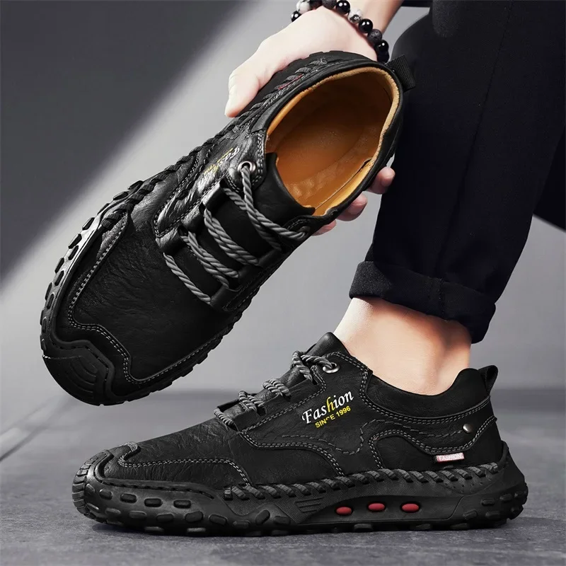 

Мужские кожаные повседневные кроссовки для активного отдыха, черные, на резиновой подошве, высокие, для походов, мужские уличные ботинки-кроссовки