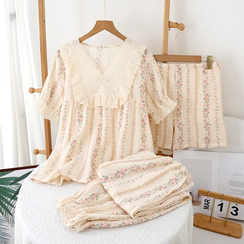 Three Piece Sleepwear Set Cotton Pajamas For Spring And Summer Women's Thin Style Loose French Style Home Clothing Set