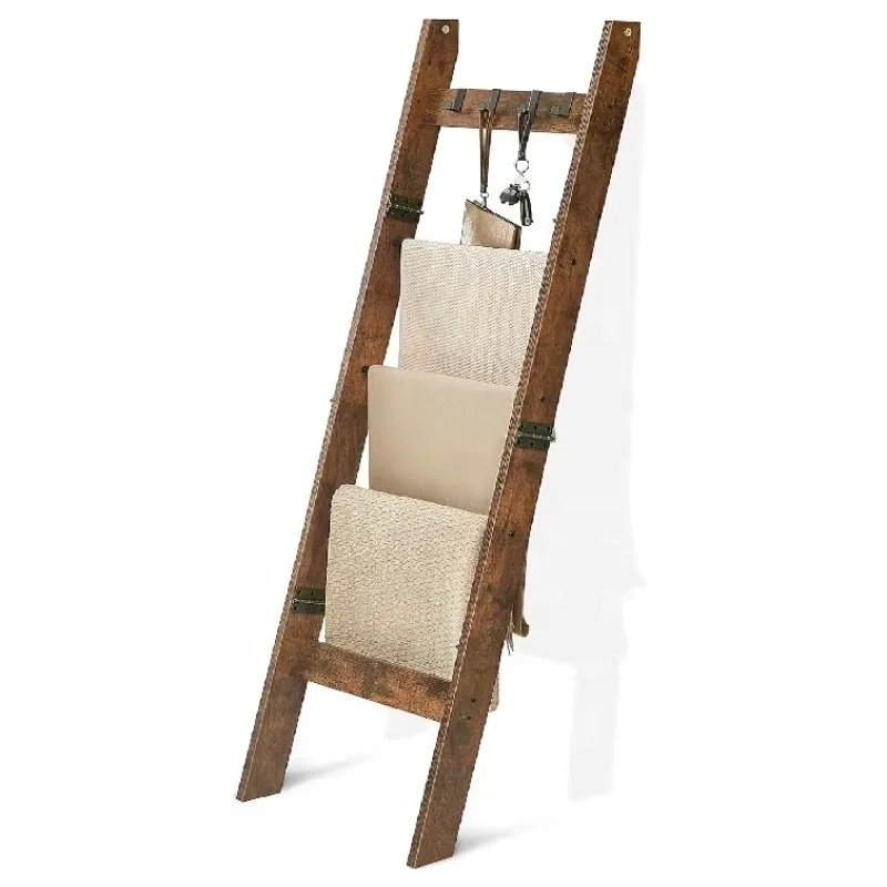 

Rustic Brown Decorative Wood Quilt Rack with 4 Removable Hooks Blanket Ladder Rack