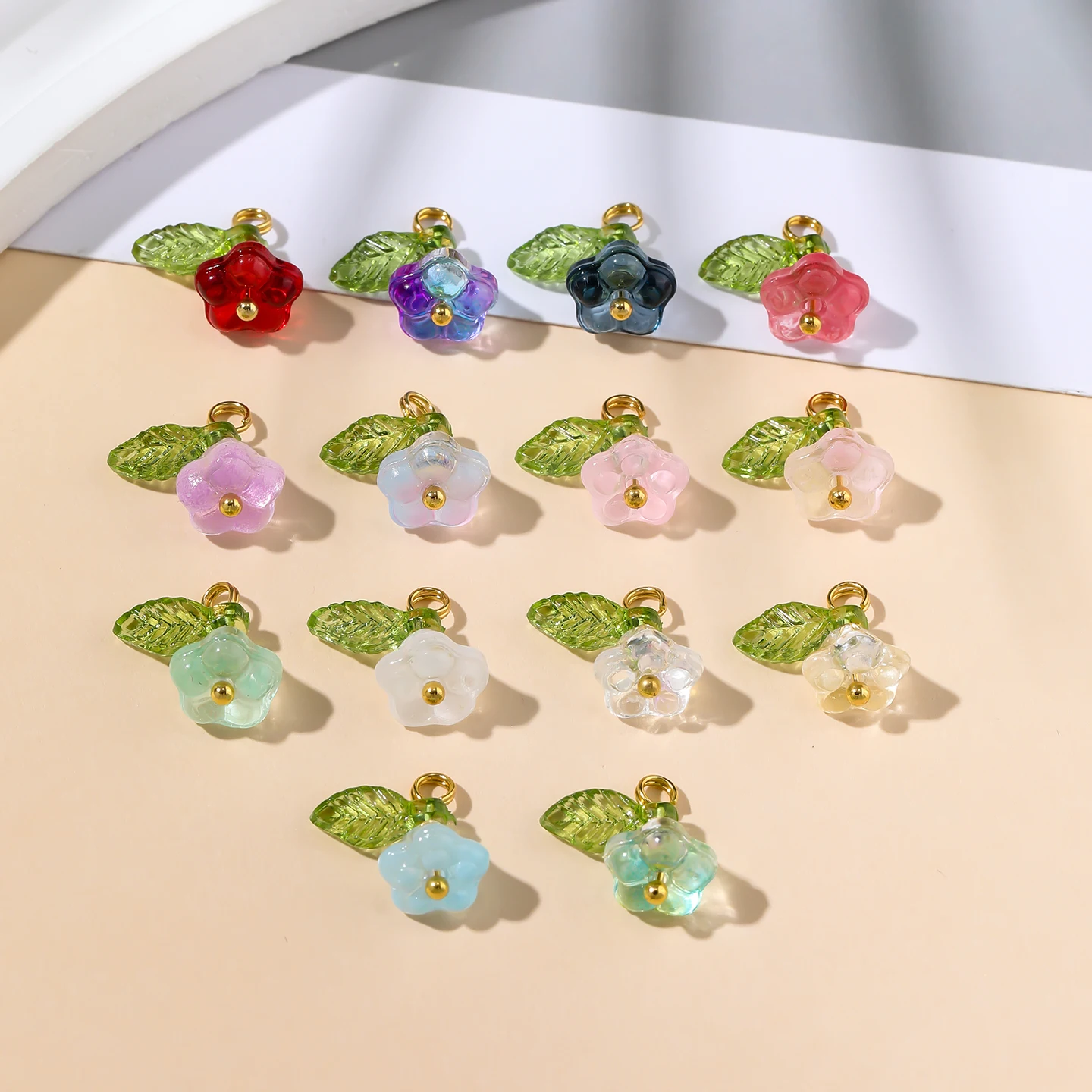 10Pcs 12mm Length Multicolor Glass Five Petal Flower Pendants With Leaf For DIY Bracelet Necklace Jewelry Making Charms