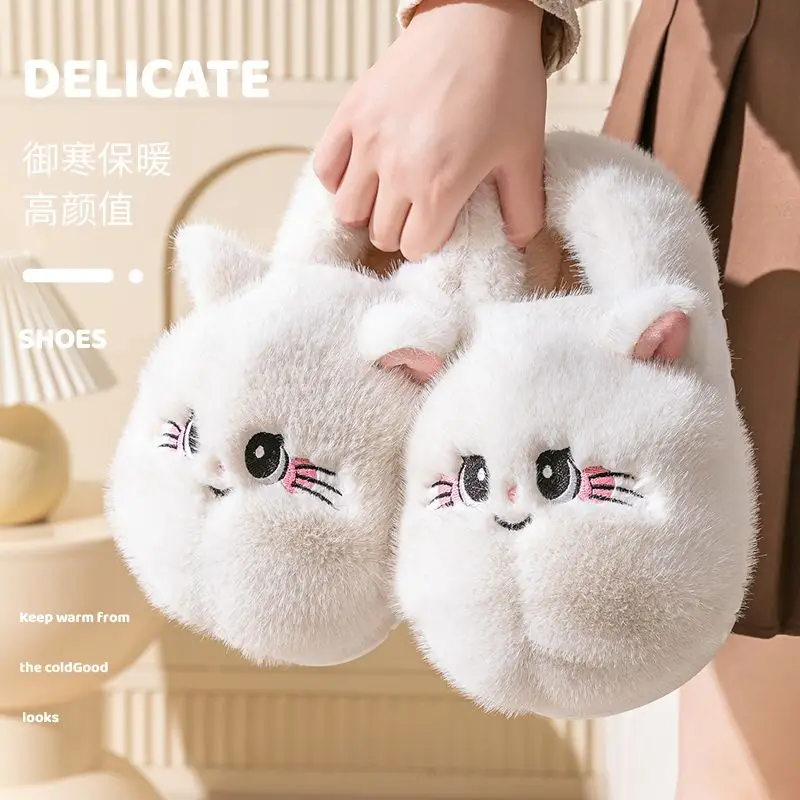 

New fat kitty fluffy slippers winter home shoes women's warm shaggy furry slides room slipper woman adorable cat mules shoes