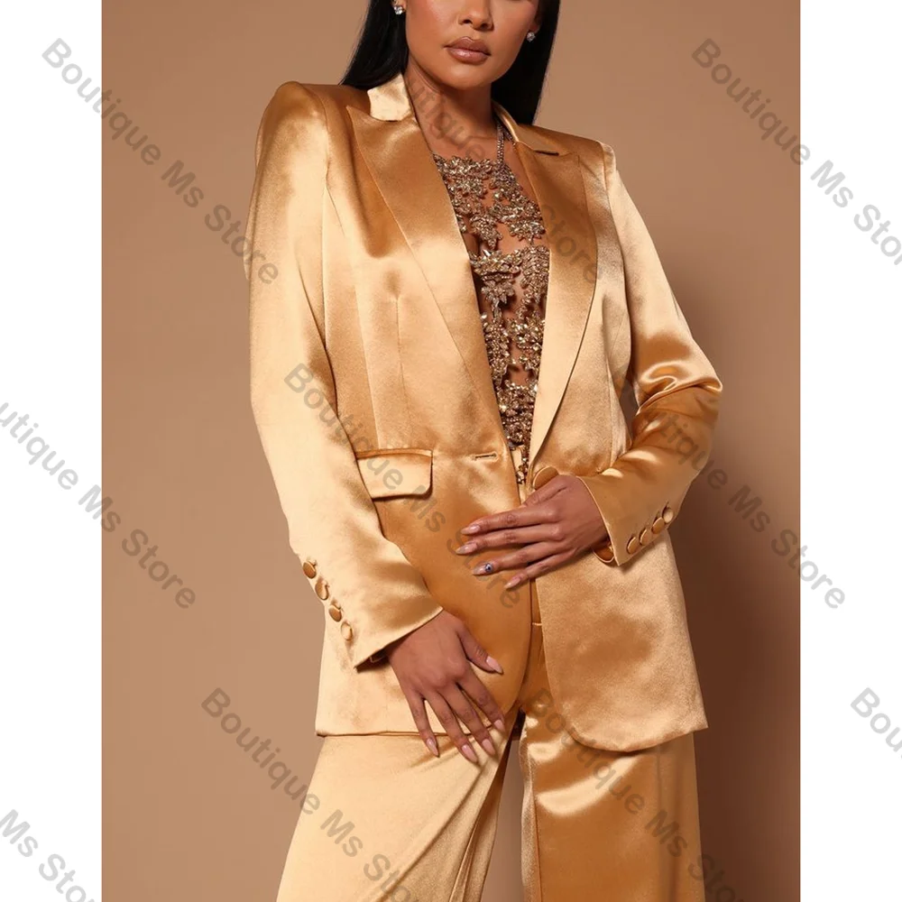 Luxury Golden Satin Fabric Single Button Women Pants Suit 2 Pieces Blazer Trousers Custom Made Set Formal Evening Party Dress