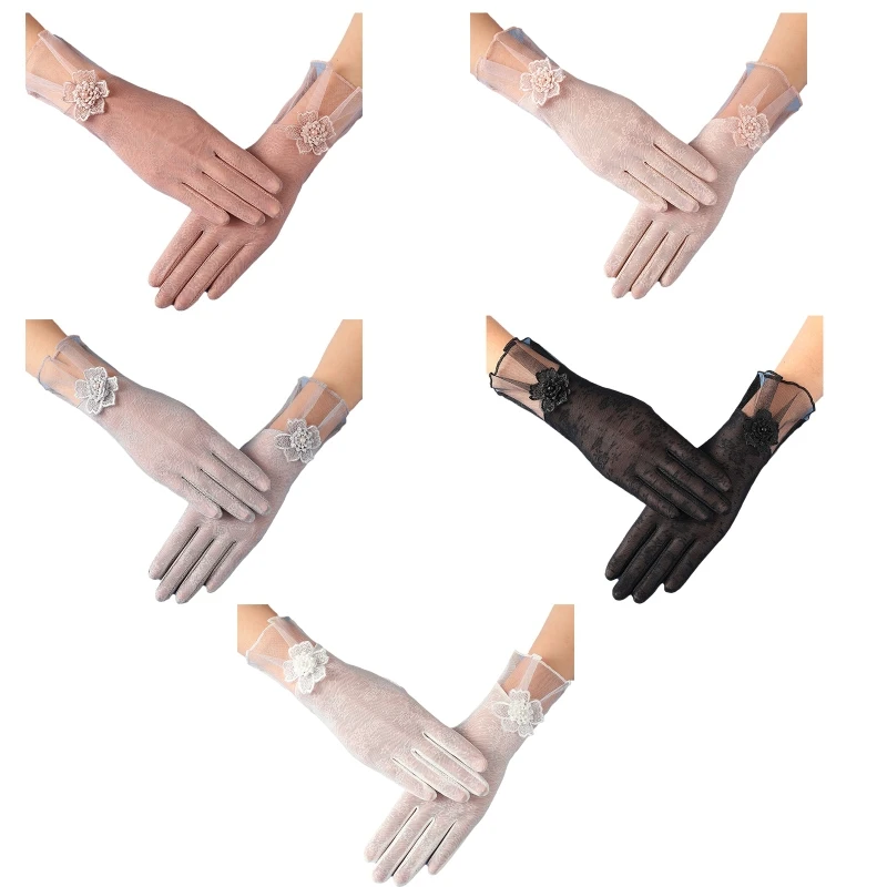 Sexy Transparent Floral Decor Gloves Elastic Bridal Etiquette Wrist Length Touchscreen Gloves See Through Lace Gloves