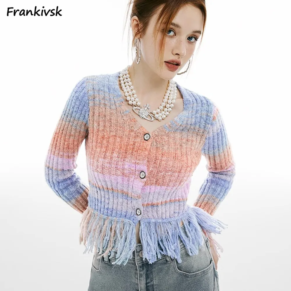 Women Cardigan Colorful Tassel Button V-neck Fitness Slimming Irregular Panelled Autumn Fashion Ins Female Creativity Individual