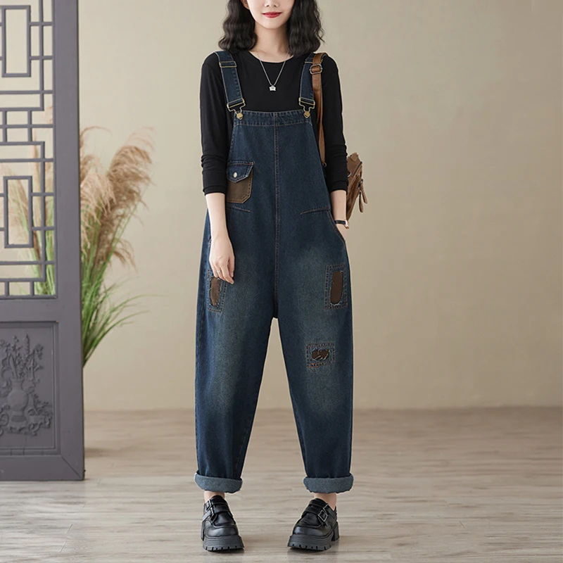 Aricaca Women Wide Leg Dungarees Straps Pants Denim Overalls women Casual Cotton Baggy Jeans Jumpsuits