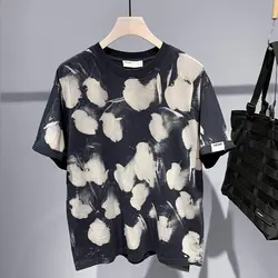 Summer Short-Sleeved T-shirt Men's Casual round Neck Knitted Cotton Hand-Painted Tie-Dye Craft Pattern Tees