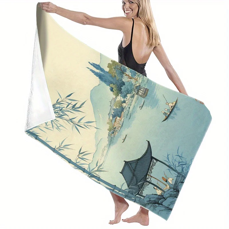 A Traditional Chinese Landscape Art Beach Towel - Featuring a Serene Riverside Pavilion And Boat Design,This Soft Oversized Bath