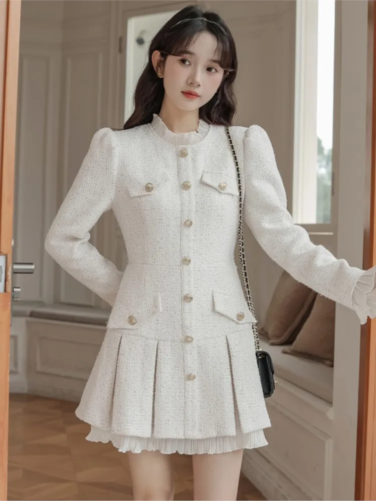 

French Vintage Coat Dresses for Women Long Sleeve O-neck Ruffles A-line Short Dress Autumn Spring Korean Chic Vestidos Mujer New