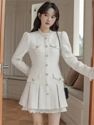 French Vintage Coat Dresses for Women Long Sleeve O-neck Ruffles A-line Short Dress Autumn Spring Korean Chic Vestidos Mujer New