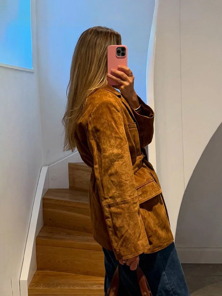 HH Women's Fashion Jacket Solid Turn-Down Collar Long Sleeves Lace-Up Decoration Pockets Button Female Autumn Casual Coats