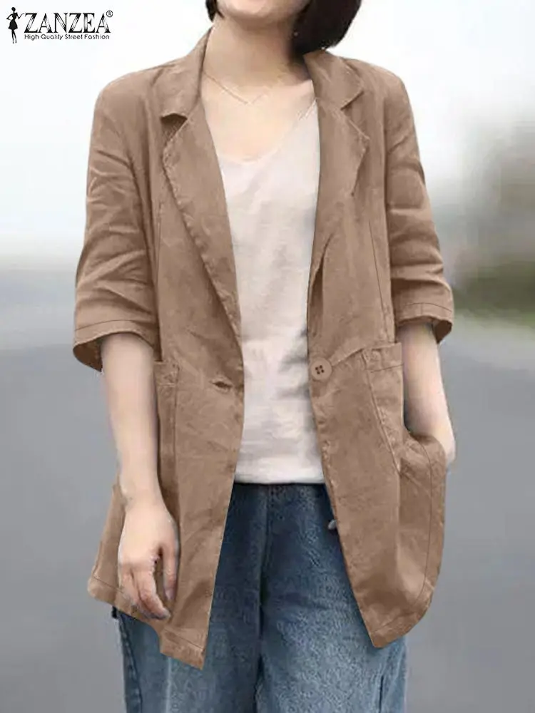 ZANZEA Autumn 2024 Notched Lapel Blazer Outwears Commute Women Casual Loose OL Thin Jackets Elegant Half Sleeve Solid Blazer