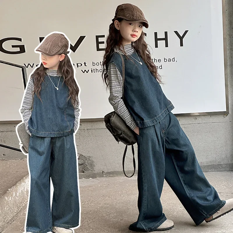 

Girls Suits 2024 Autumn New Childrens Clothes Girls Baby Striped Base Shirt Denim Vest Three-piece Set Casual Simple Daily