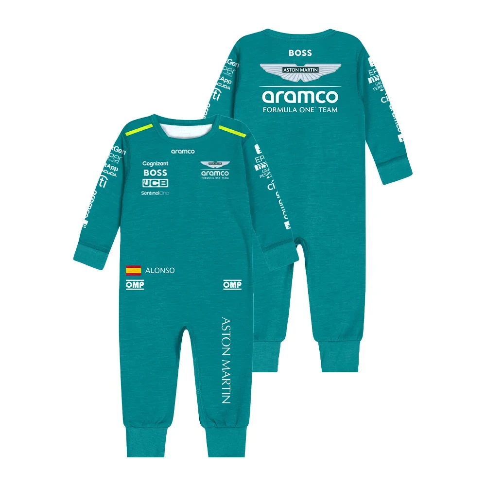 2024 New Aston Martin Aramco Cognizant F1 Baby Clothing Hot Selling Boys Girls Outdoor Sports Cycling Crawling Cotton Jumpsuit