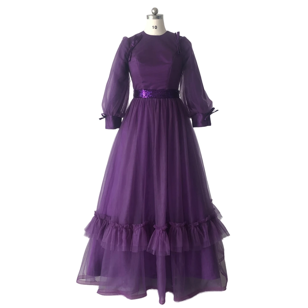 

It's Yiiya Muslim Evening Dresses Full Sleeves Zipper Plus size A-line Purple Tulle Floor length O-neck Women Party Dress M001