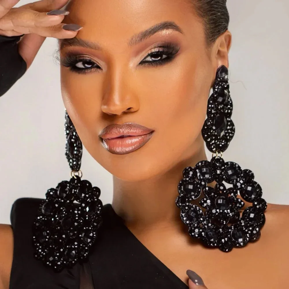 

Элегантные черные серьги большого размера с цветком, пирсинг, свадебные украшения, полые висячие серьги со стразами для женщин, подарок для девочек