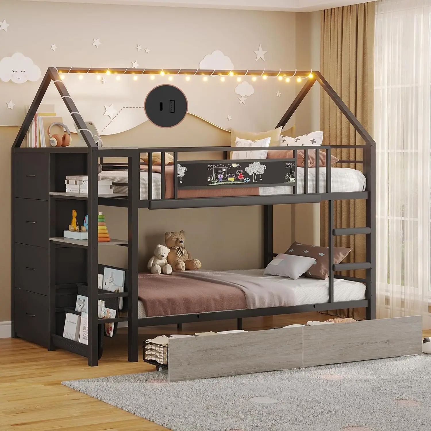 

Двухъярусная кровать Twin over Twin с ящиками для хранения и гирляндой из шариков, низкая двухъярусная кровать в форме домика с элементами Монтессори, на заказ