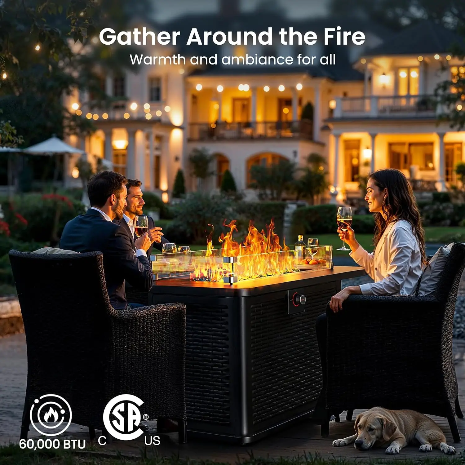 43-Inch Rectangular Propane Fire Pit with 60,000 BTU Output, Fire Pit Table Premium Gas for Outside Patio with 304 Stainless