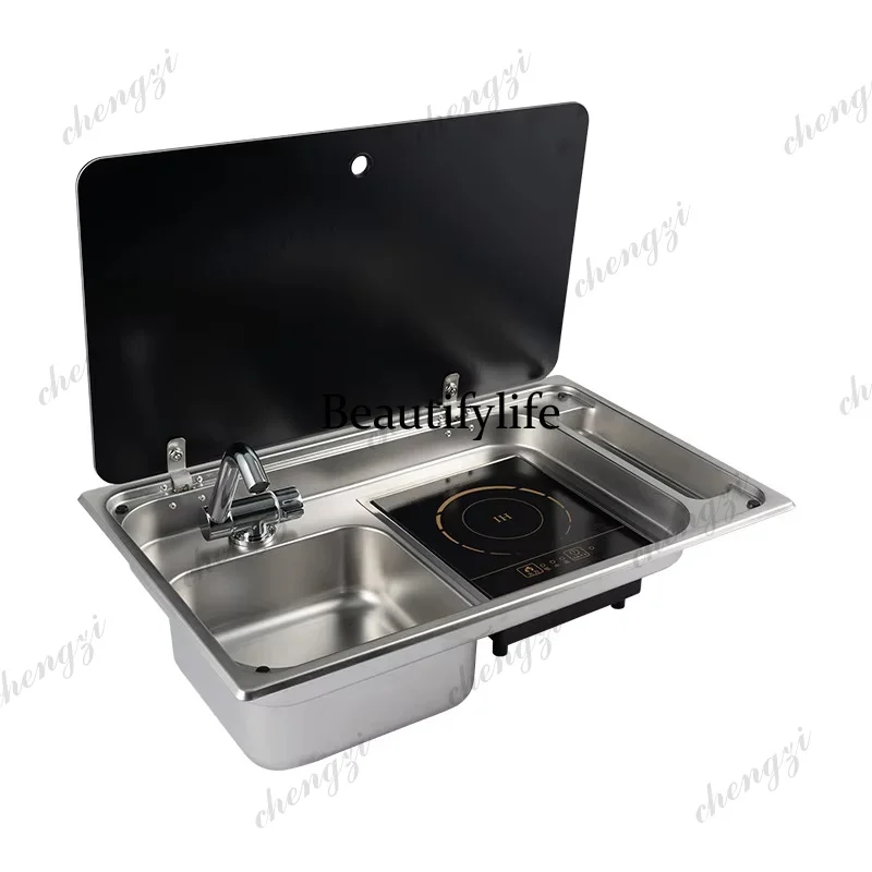 Induction Cooker Combination Unit RV Sink Cooktop Combo with Tempered Glass Stove And 304 SUS Steel Lid for Caravan Motorhome