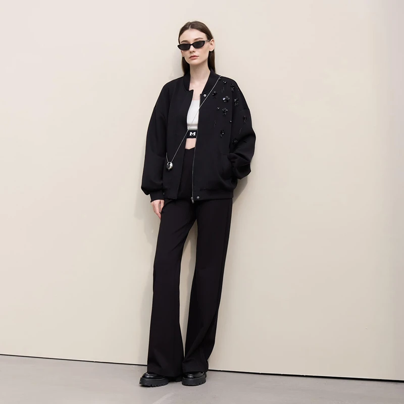 Amii Women's Spring Jacket with Beaded Flowers and Zipper