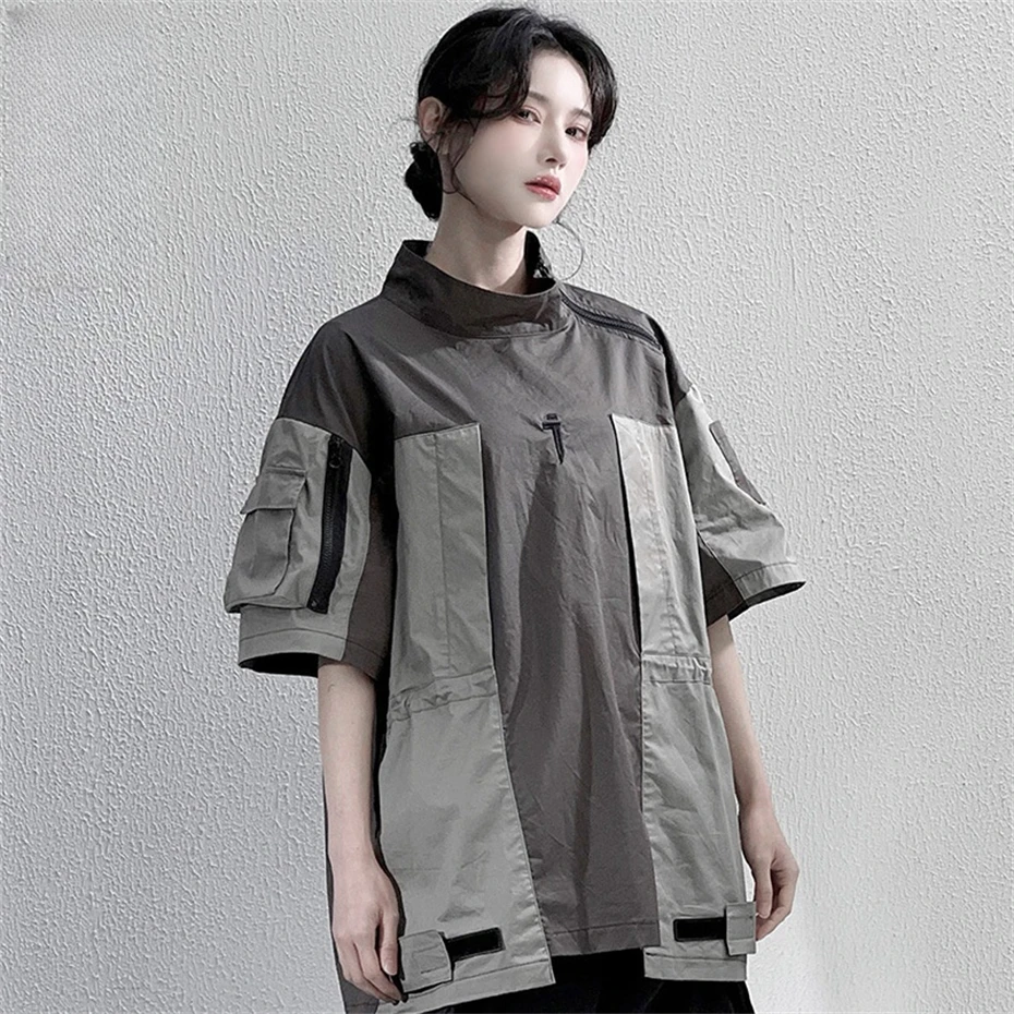 Techwear Cargo T-shirts Women Patchwork Punk Hip Hop Short Sleeve T Shirt Womens Multi Pocket Streetwear Casual Tee Shirts Tops