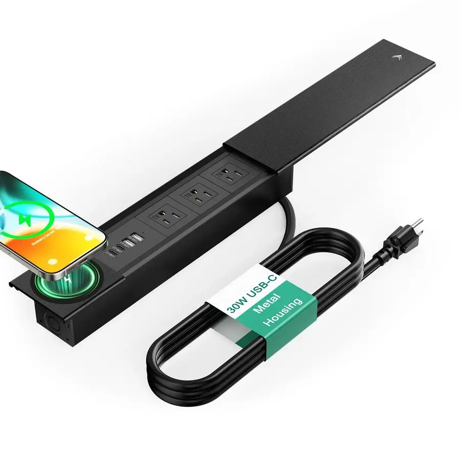 

Recessed Power Strip with 15W Wireless Charger, PD 30W USB C, 3 TR AC Outlets, Flush Mount Power Strip with Sliding Lid, for Des