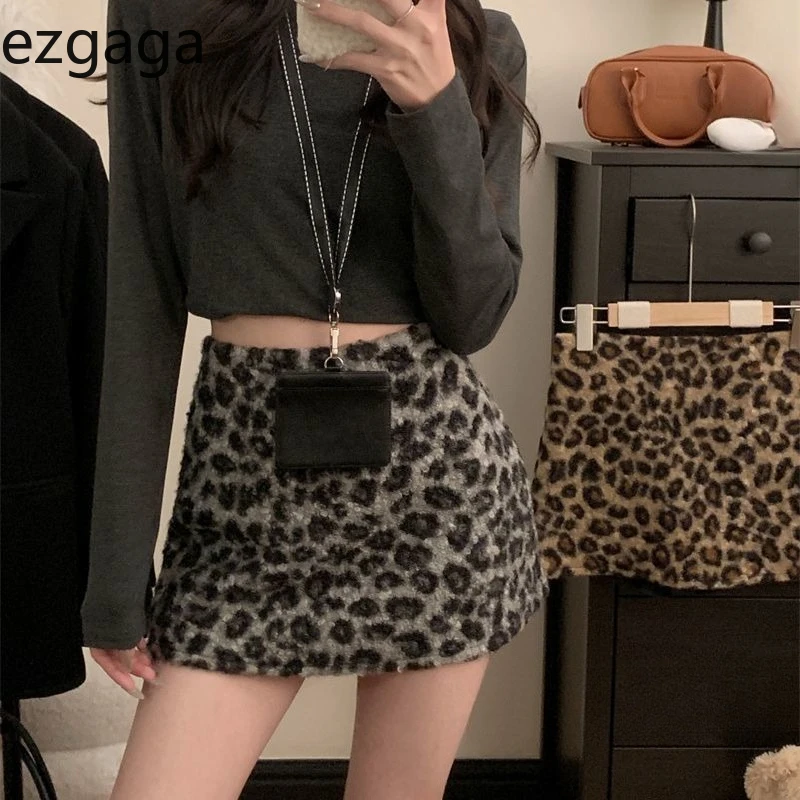 

Ezgaga юбки женские винтажные с леопардовым принтом осень-зима мода с высокой талией тонкая сексуальная мини-юбка женская клубная одежда повседневная