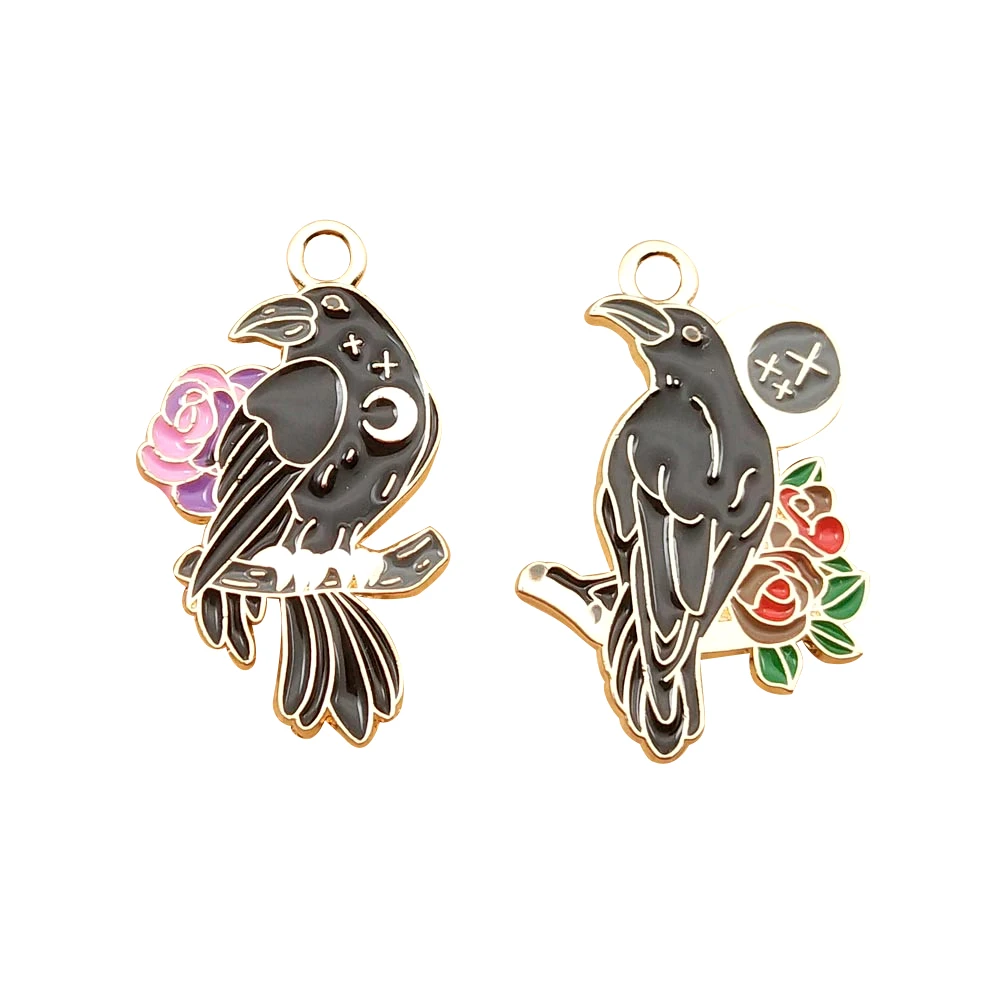 10pcs Flower Crow Charm for Jewelry Making Enamel Earring Pendant Necklace Bracelet Accessories Zinc Alloy Gold Plated