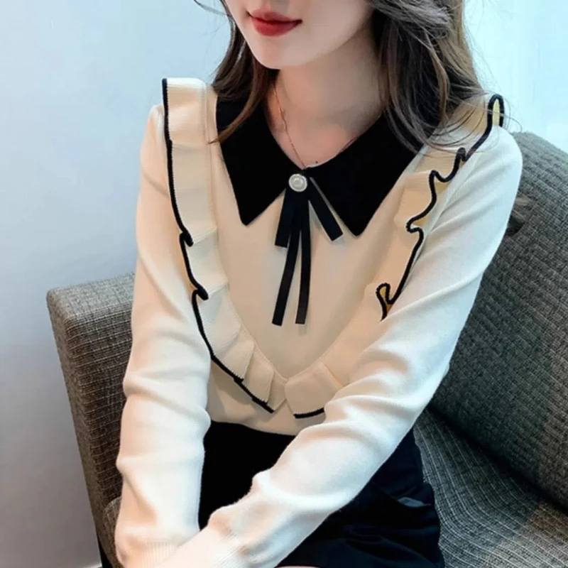 Doll Collar Knitted Sweater for Women's Clothing High-end and Lazy Style Western-style Inner Outfit Small Shirt