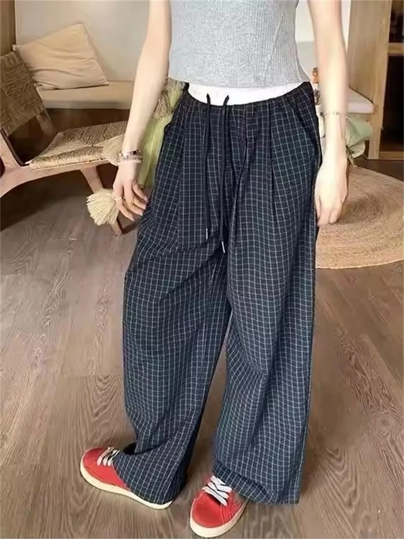 

Fashion High Waist Casual Loose Trousers Wide Leg Pants Summer New Thin Japanese Straight Block Checkered Long Pants