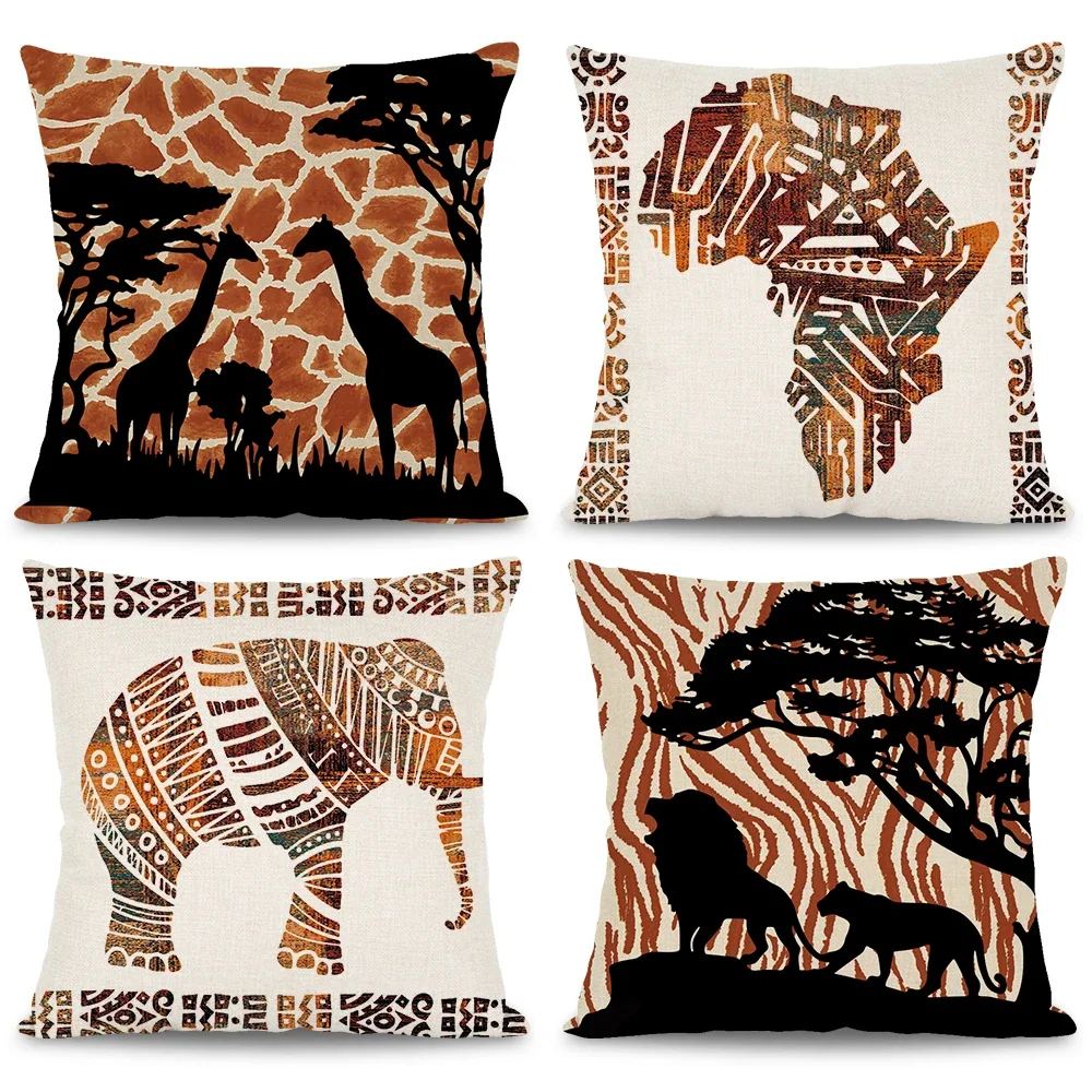 African Tribal Style Animal Pillowcase Giraffe Lion Elephant Traditional Totem Design Vintage Sofa Cushion Cover Home Decoration