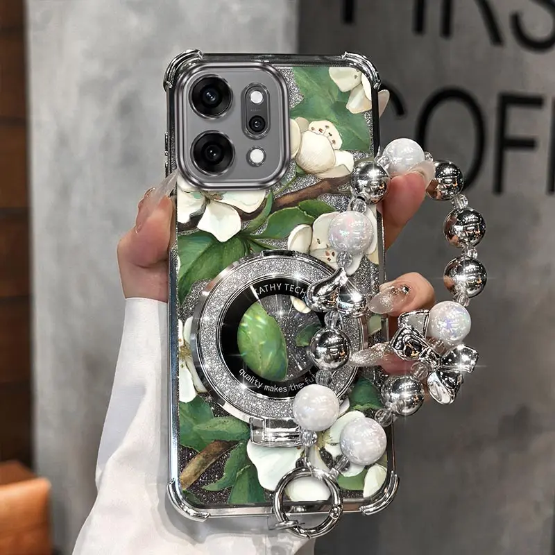 

Reno 14 Dense Flowers Plating Bracelet Holder Phone Case For OPPO Reno 14Pro 11Pro 12 14F 13 13Pro 10Pro 12Pro 13F 10 11F Cover