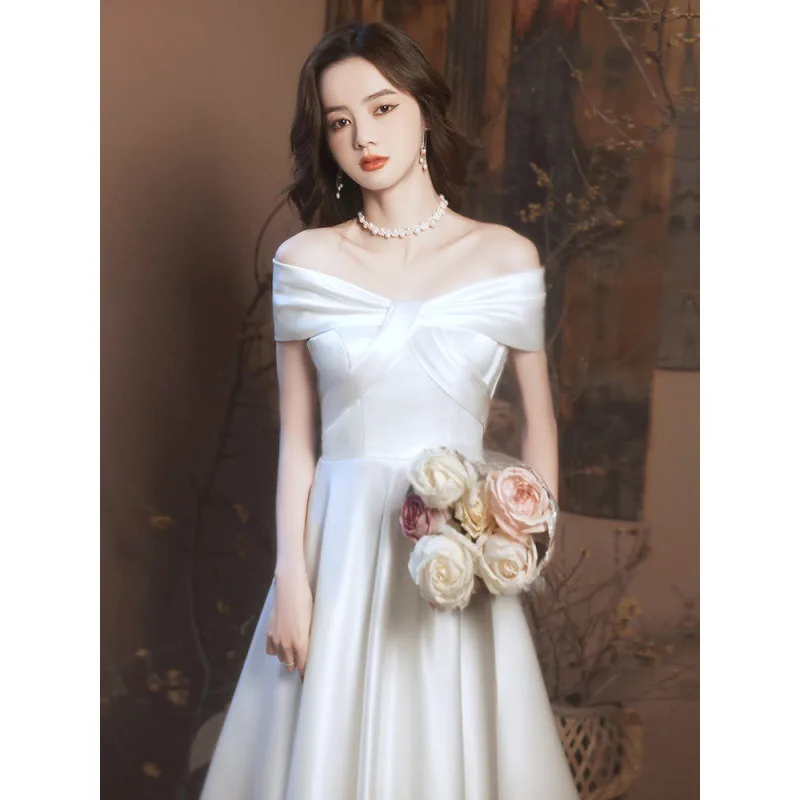 GIYSILE 2025 新白のイブニングドレス婚約弓サテンドレープ簡単なフォーマルドレス女性エレガントなパーティードレス女性イブニング
