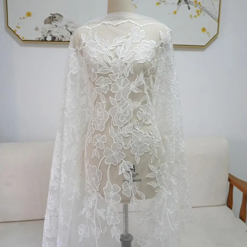 

Bridal Lace Beaded Embroidered Trims Wedding Fabric Craft for DIY Veil Dress Decorations Handmade Material Embellishment Trims